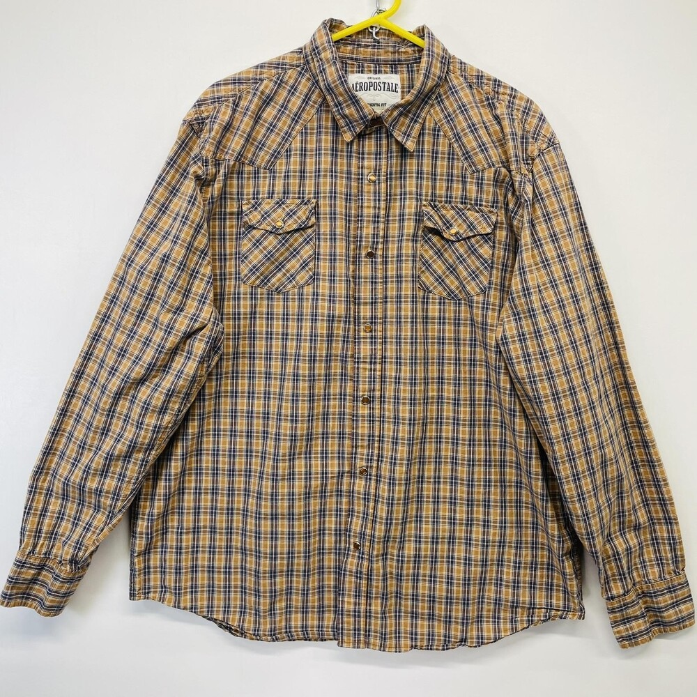 AÉROPOSTALE Shirt Mens 2XL Authentic Fit Western Plaid Pearl Snap Long Sleeve